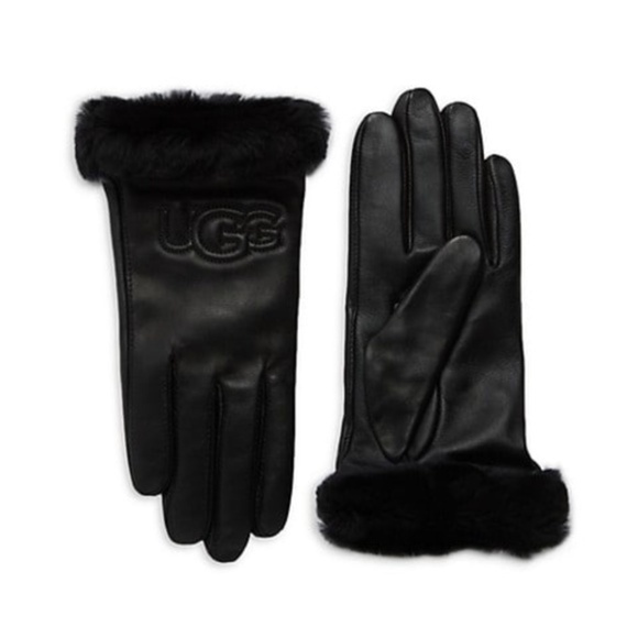 Ugg Black Leather  Fur Trim Gloves Large - Picture 2 of 3